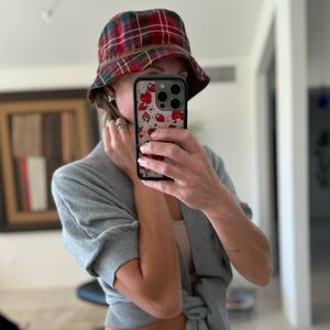 Vintage Coach Bucket Hat Plaid Print Leather Trim Size S-M